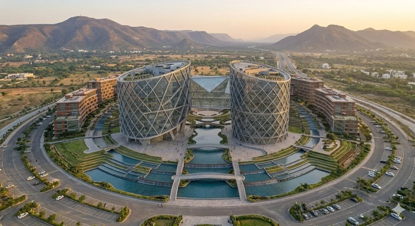 Twin glass towers of Modi University at sunset