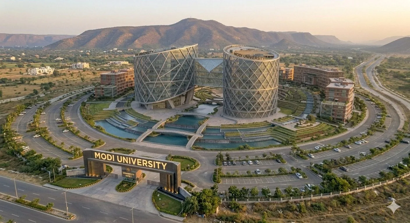 Aerial view of the Modi University campus entrance and twin academic towers